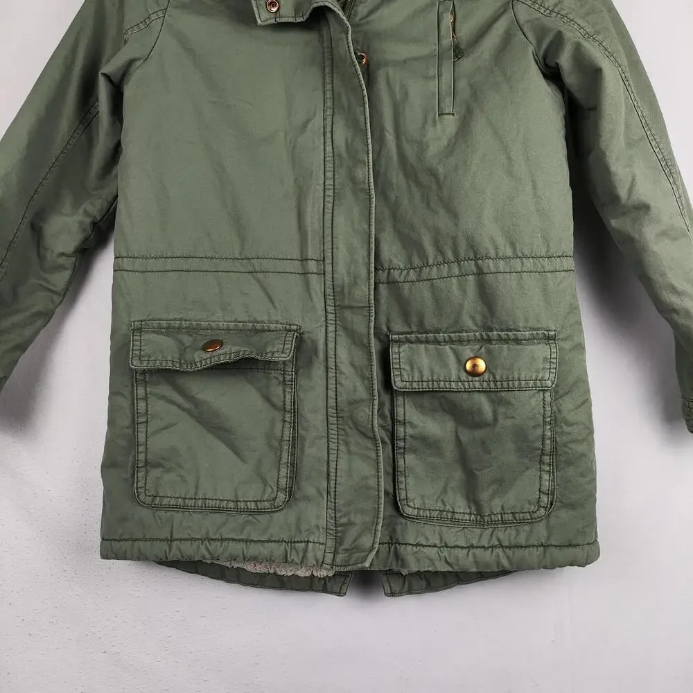 OshKosh B'gosh Jacket Youth 10-12 Green Hooded Sherpa Lined Canvas Parka Coat